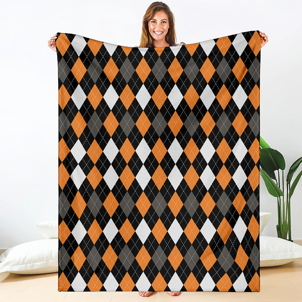 Orange Black Grey And White Argyle Print Blanket