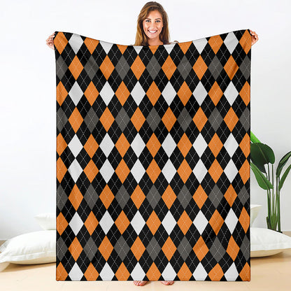 Orange Black Grey And White Argyle Print Blanket