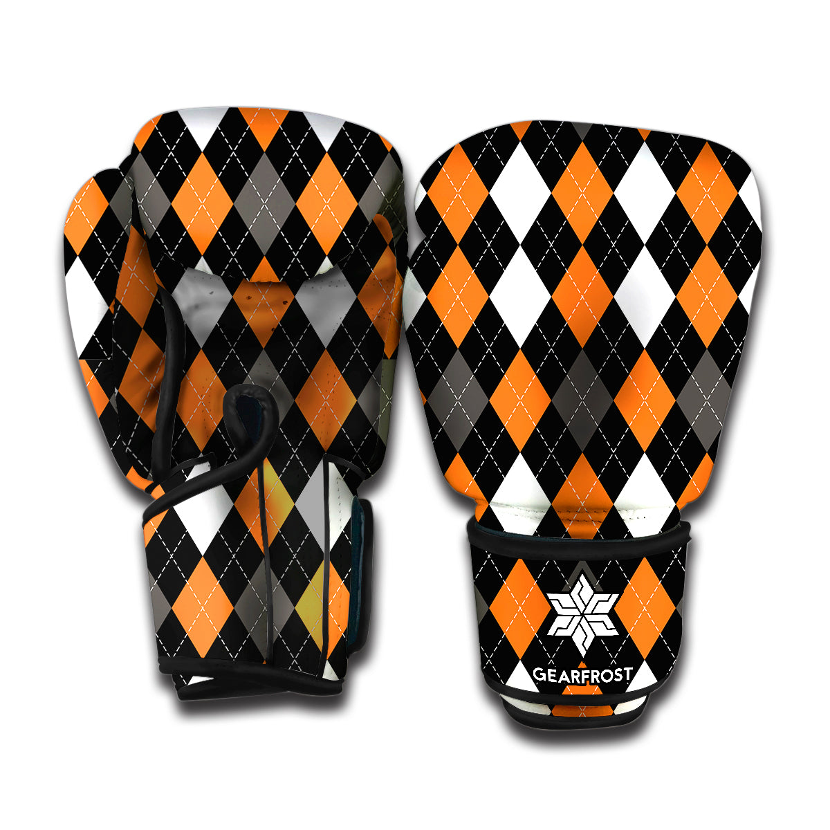 Orange Black Grey And White Argyle Print Boxing Gloves