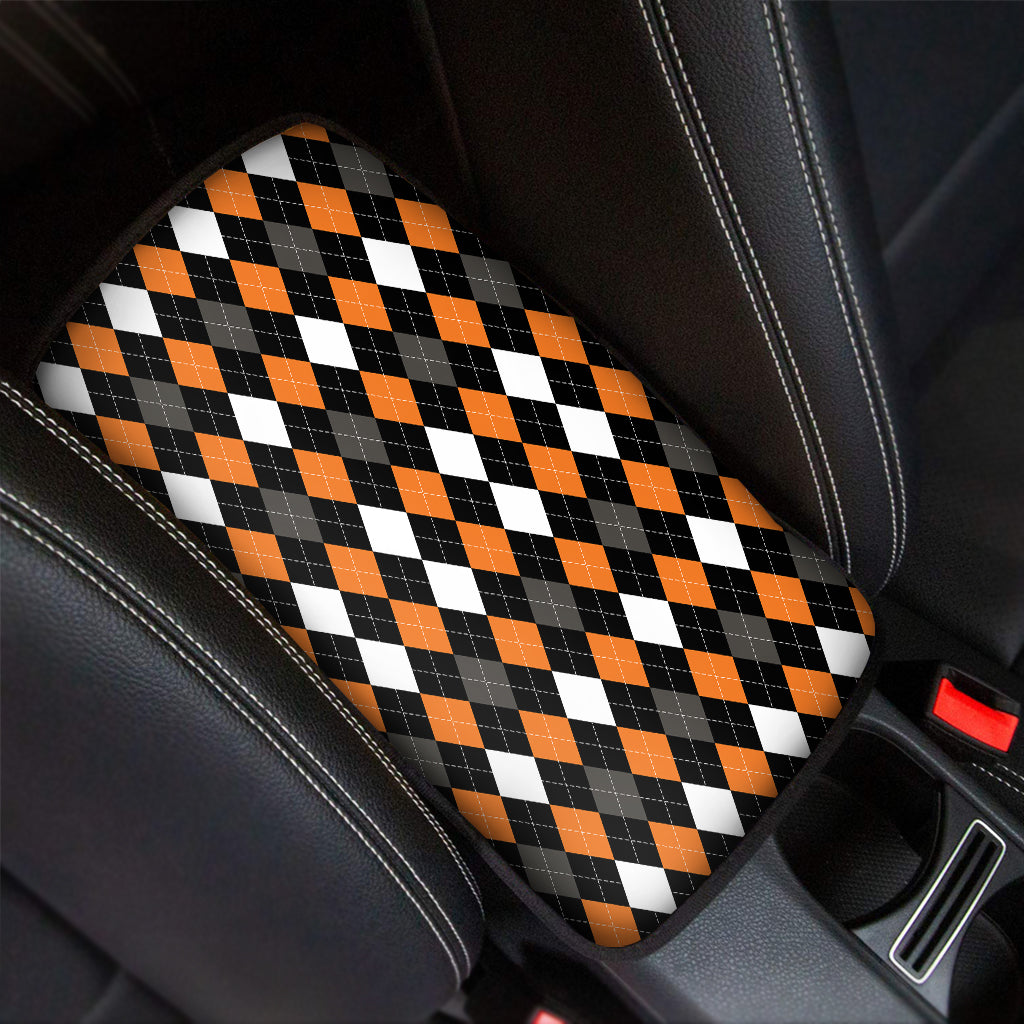 Orange Black Grey And White Argyle Print Car Center Console Cover