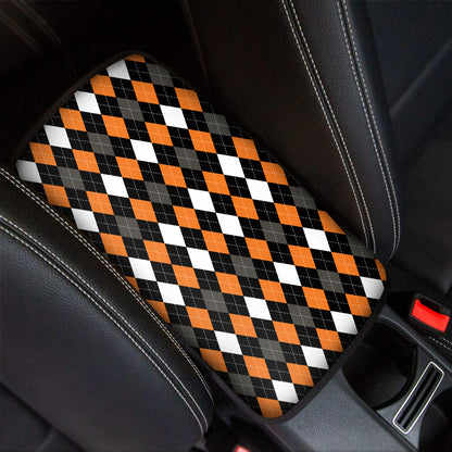 Orange Black Grey And White Argyle Print Car Center Console Cover