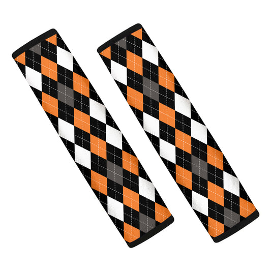 Orange Black Grey And White Argyle Print Car Seat Belt Covers