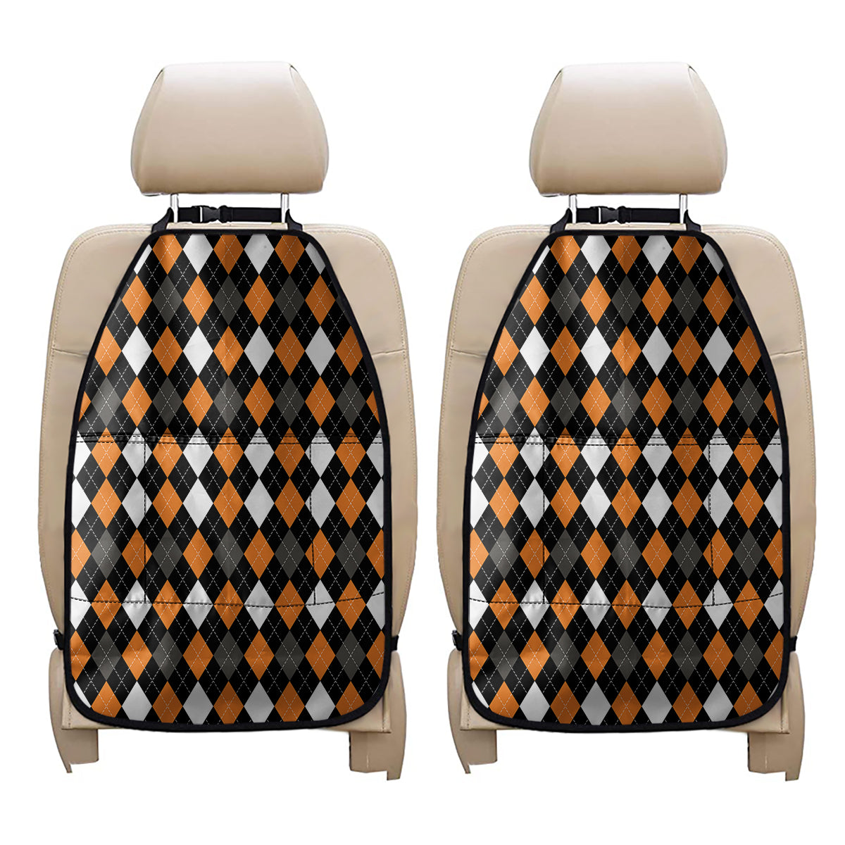 Orange Black Grey And White Argyle Print Car Seat Organizers