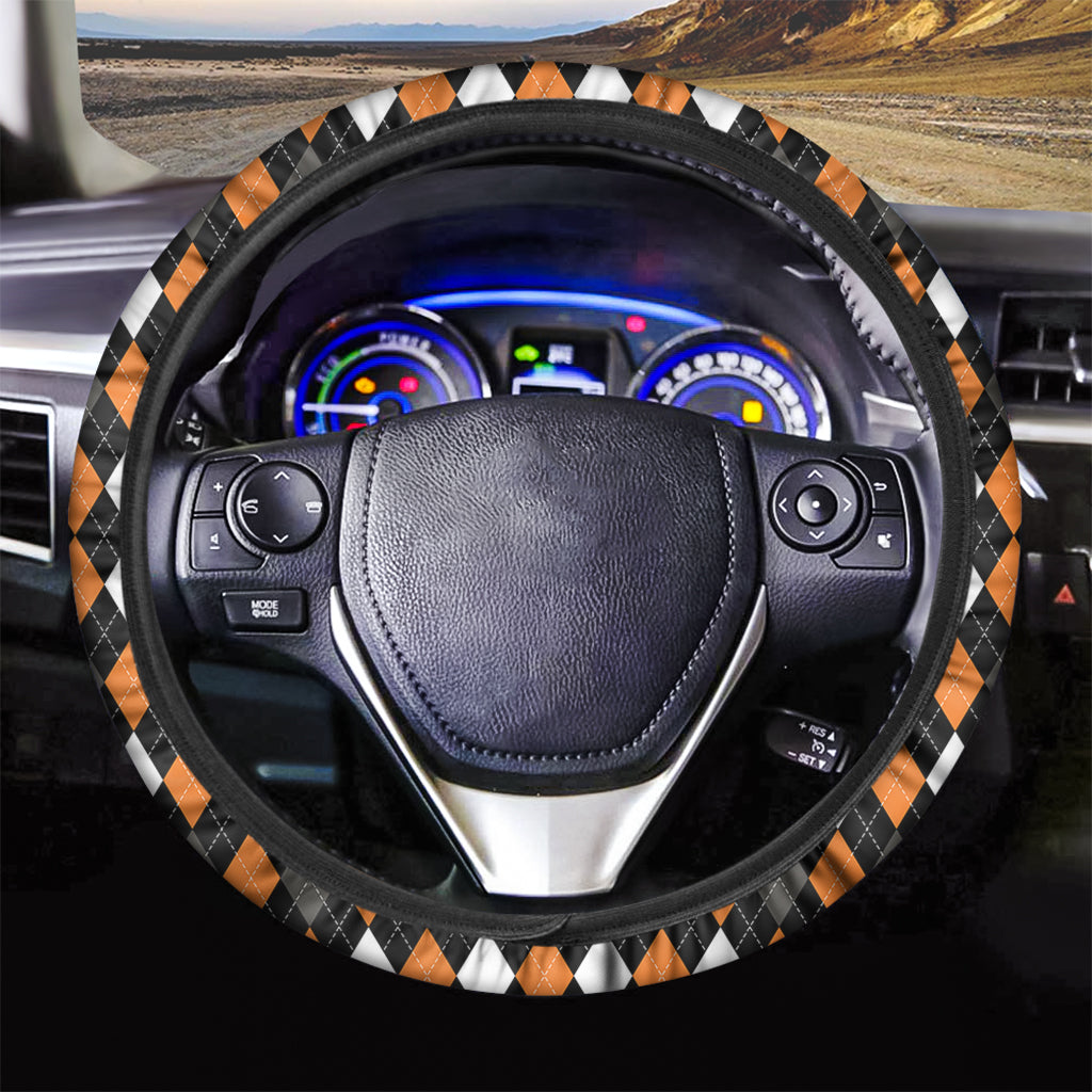 Orange Black Grey And White Argyle Print Car Steering Wheel Cover