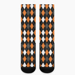 Orange Black Grey And White Argyle Print Crew Socks