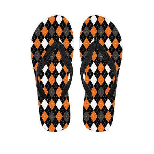 Orange Black Grey And White Argyle Print Flip Flops