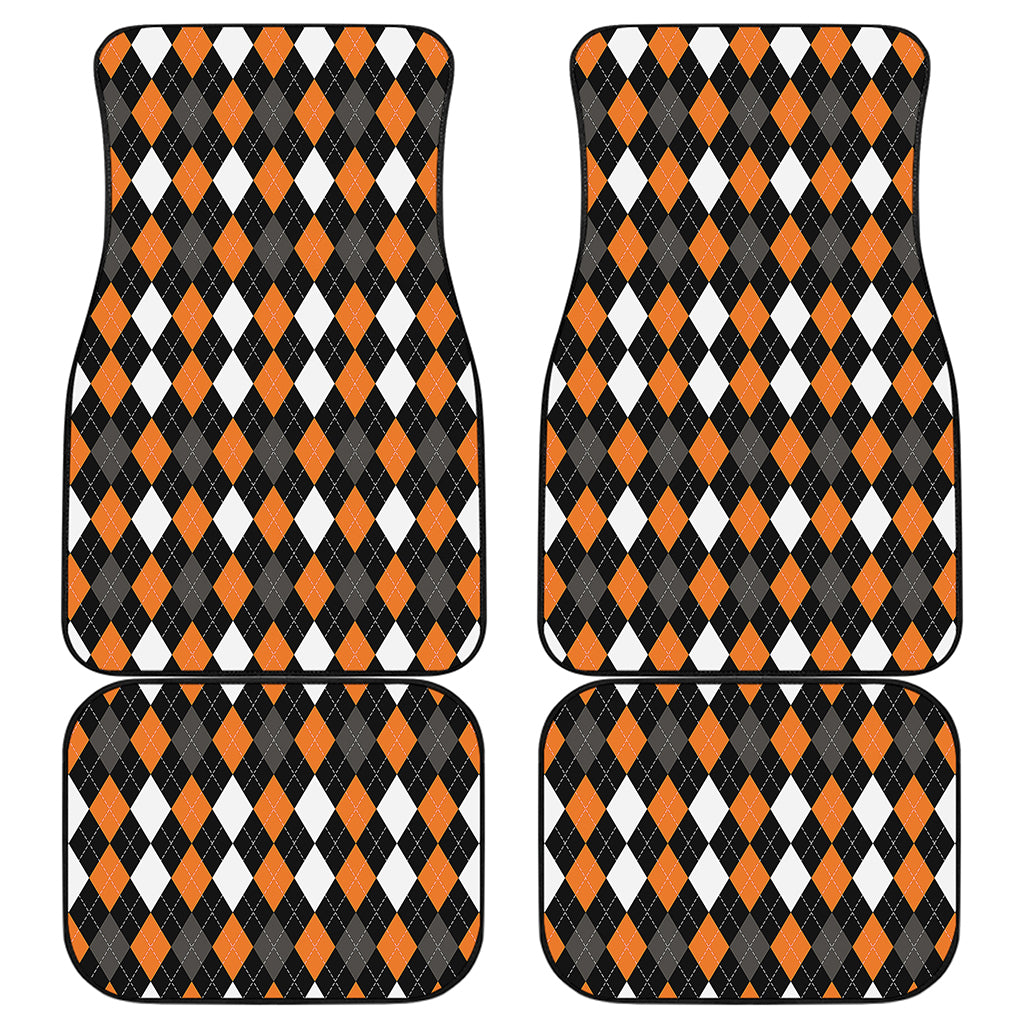 Orange Black Grey And White Argyle Print Front and Back Car Floor Mats