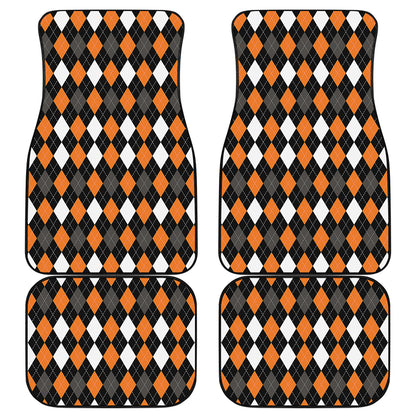 Orange Black Grey And White Argyle Print Front and Back Car Floor Mats
