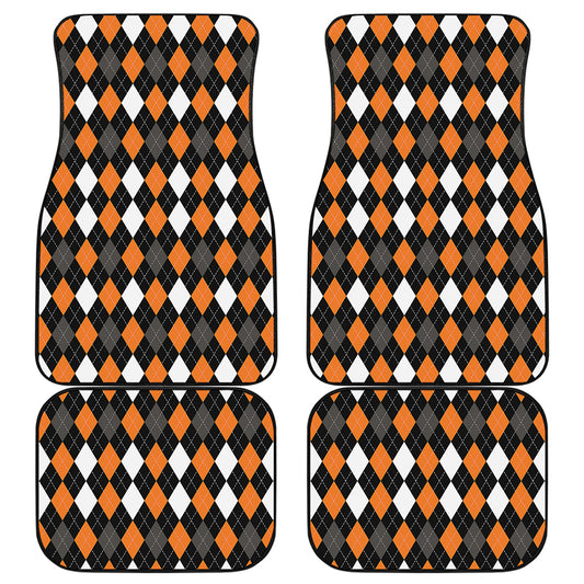 Orange Black Grey And White Argyle Print Front and Back Car Floor Mats