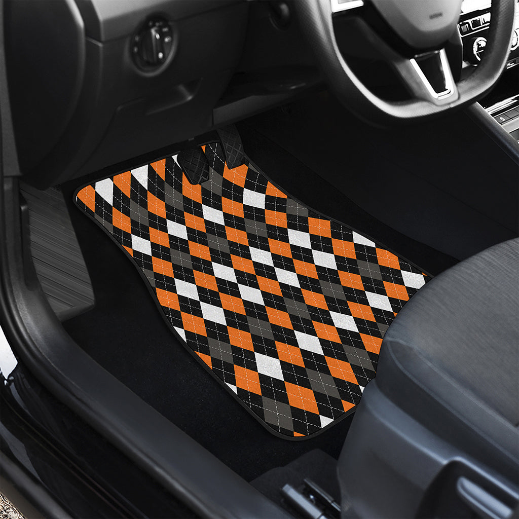 Orange Black Grey And White Argyle Print Front and Back Car Floor Mats