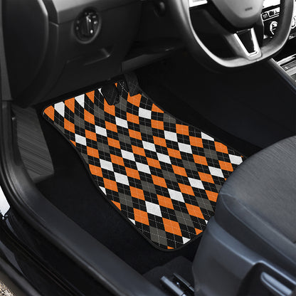 Orange Black Grey And White Argyle Print Front and Back Car Floor Mats