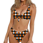 Orange Black Grey And White Argyle Print Front Bow Tie Bikini