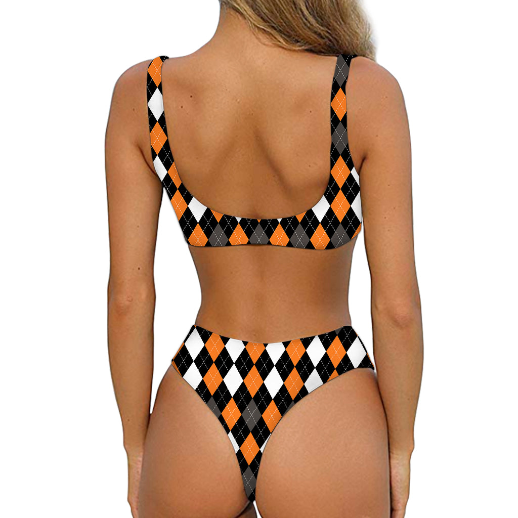 Orange Black Grey And White Argyle Print Front Bow Tie Bikini