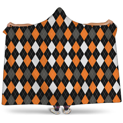 Orange Black Grey And White Argyle Print Hooded Blanket