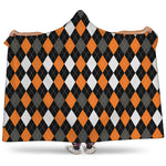 Orange Black Grey And White Argyle Print Hooded Blanket