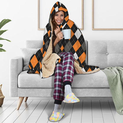 Orange Black Grey And White Argyle Print Hooded Blanket