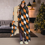 Orange Black Grey And White Argyle Print Hooded Blanket