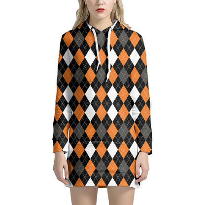 Orange Black Grey And White Argyle Print Hoodie Dress