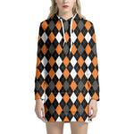 Orange Black Grey And White Argyle Print Hoodie Dress