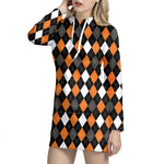 Orange Black Grey And White Argyle Print Hoodie Dress