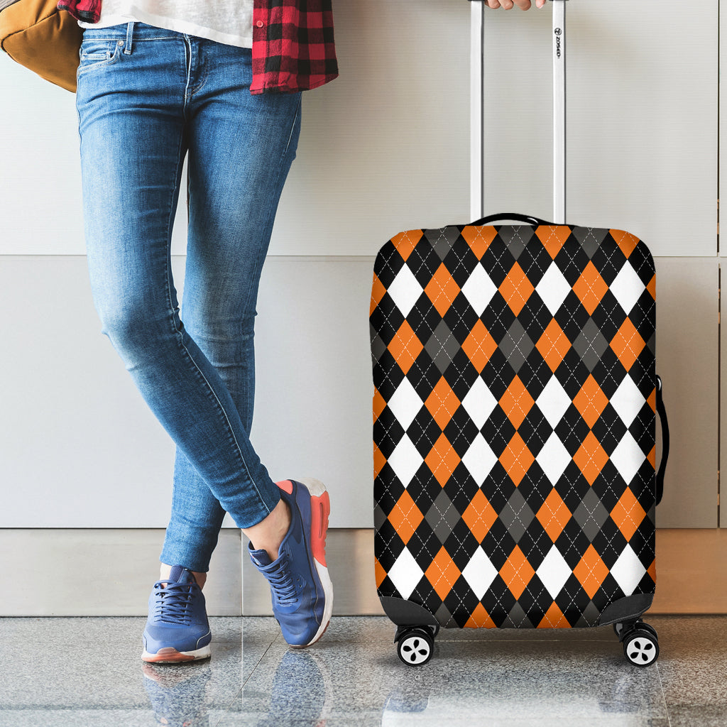 Orange Black Grey And White Argyle Print Luggage Cover