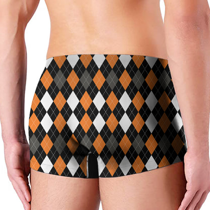 Orange Black Grey And White Argyle Print Men's Boxer Briefs