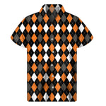 Orange Black Grey And White Argyle Print Men's Short Sleeve Shirt