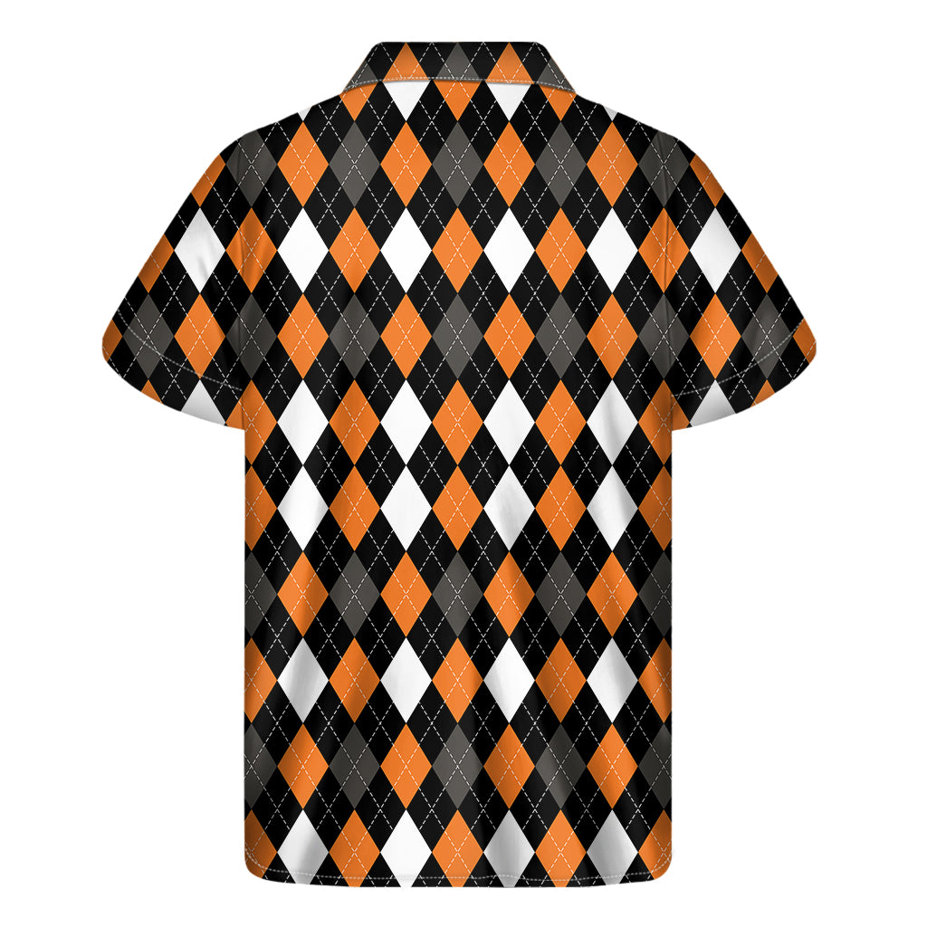Orange Black Grey And White Argyle Print Men's Short Sleeve Shirt