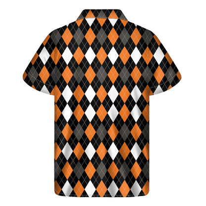 Orange Black Grey And White Argyle Print Men's Short Sleeve Shirt