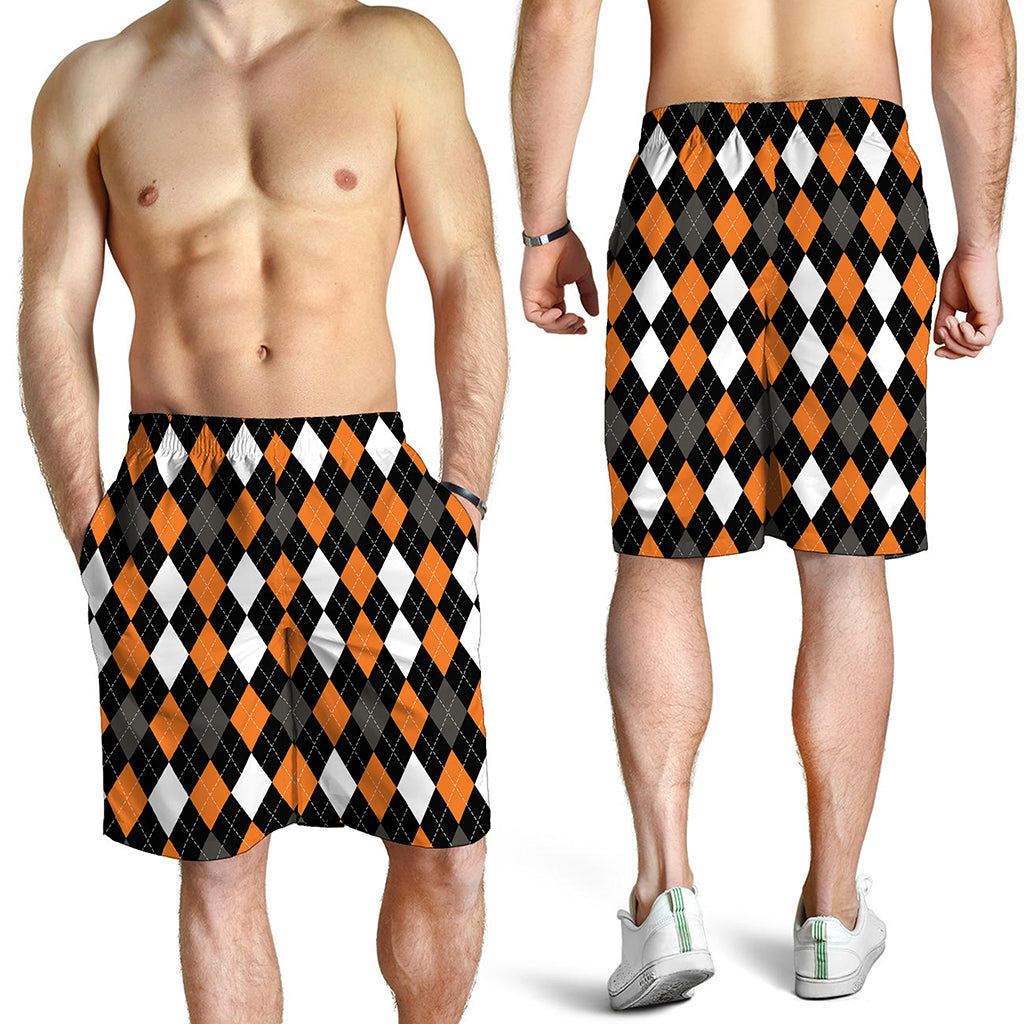 Orange Black Grey And White Argyle Print Men's Shorts