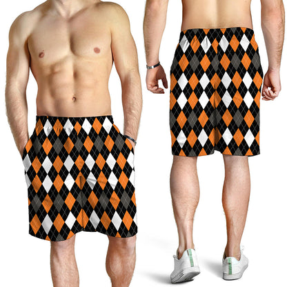 Orange Black Grey And White Argyle Print Men's Shorts
