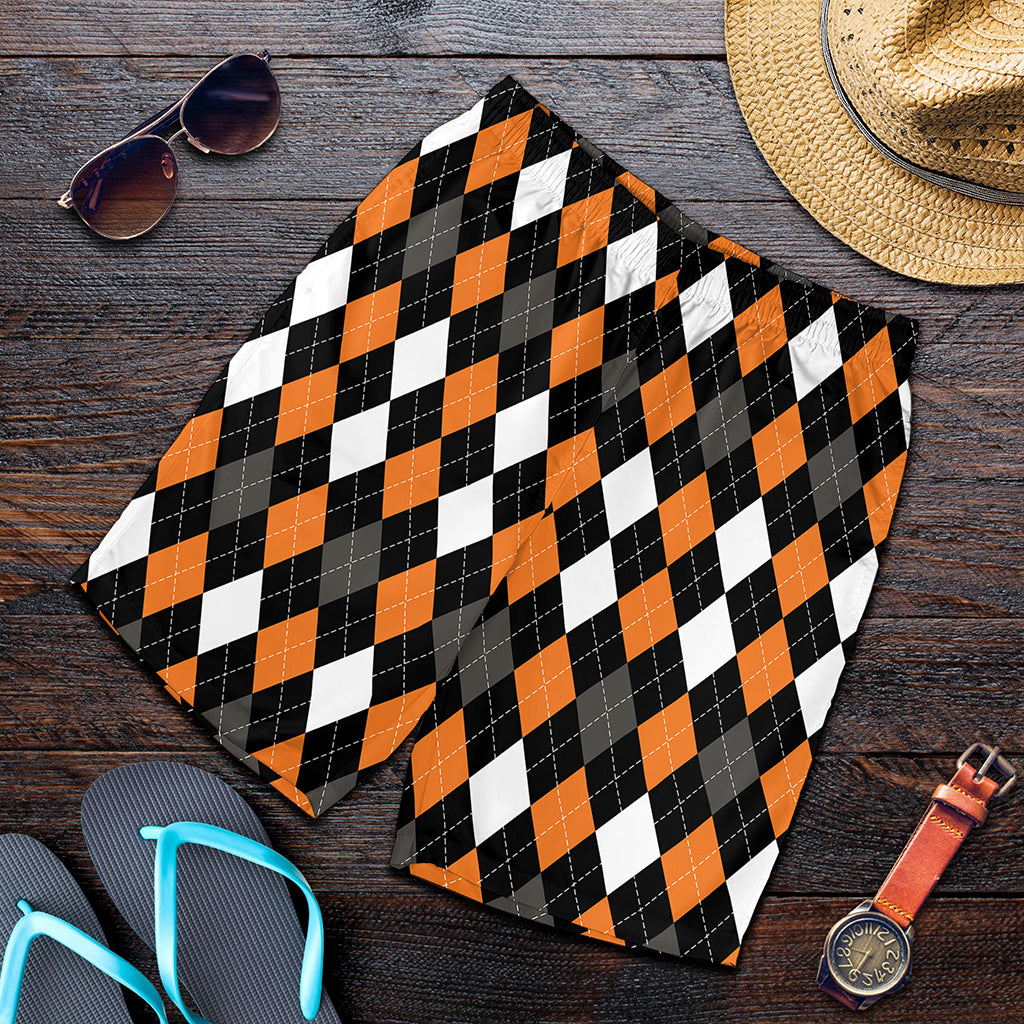 Orange Black Grey And White Argyle Print Men's Shorts