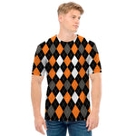 Orange Black Grey And White Argyle Print Men's T-Shirt