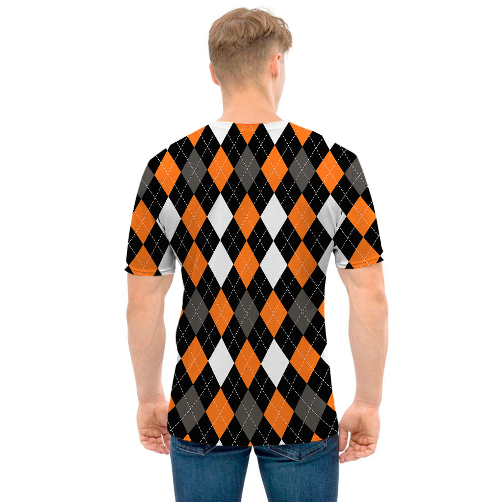 Orange Black Grey And White Argyle Print Men's T-Shirt