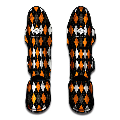 Orange Black Grey And White Argyle Print Muay Thai Shin Guard