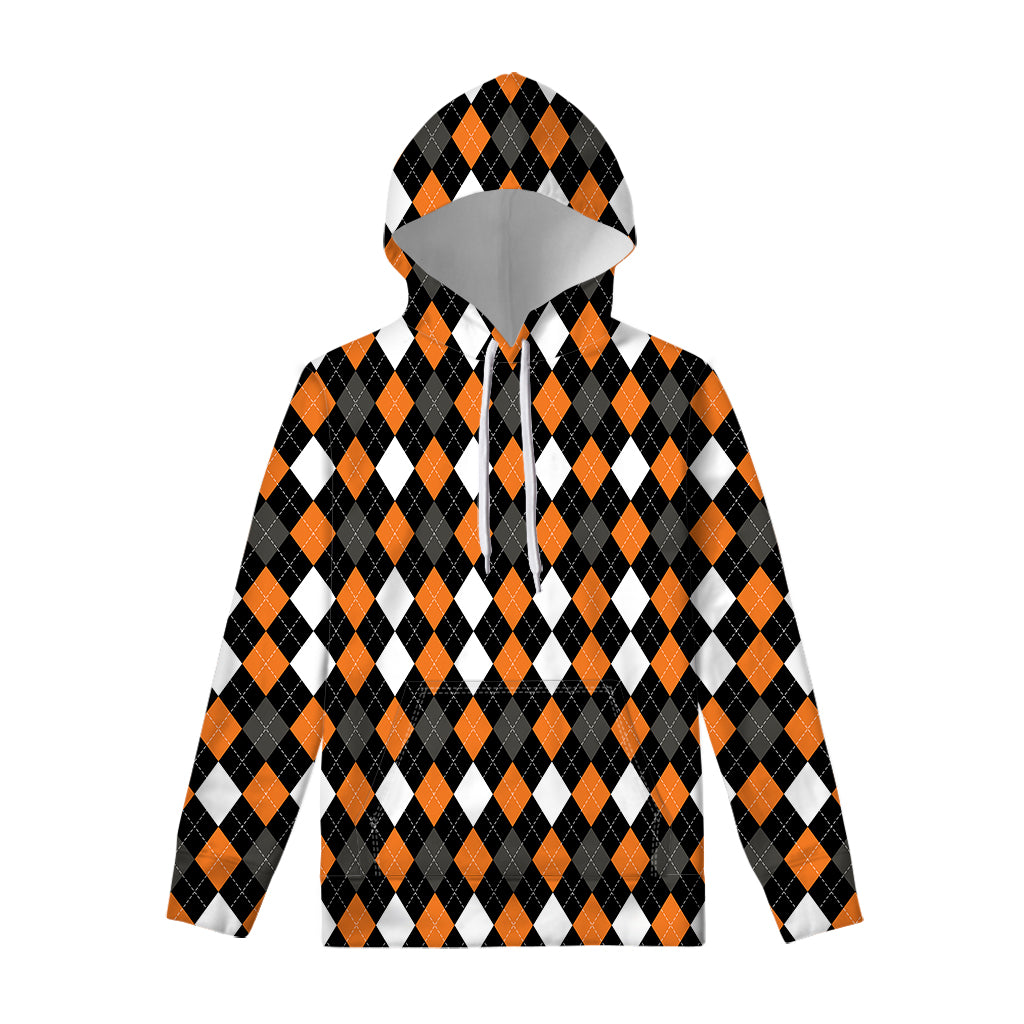 Orange Black Grey And White Argyle Print Pullover Hoodie