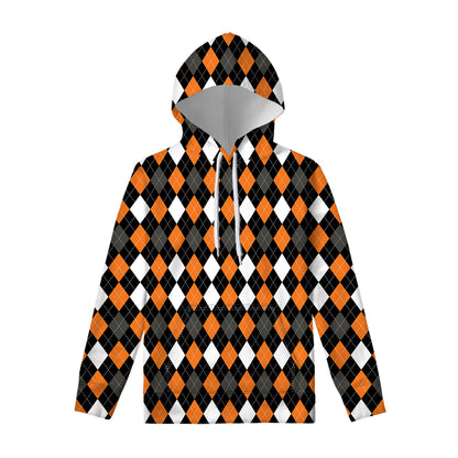 Orange Black Grey And White Argyle Print Pullover Hoodie