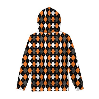 Orange Black Grey And White Argyle Print Pullover Hoodie