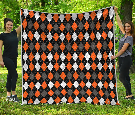 Orange Black Grey And White Argyle Print Quilt