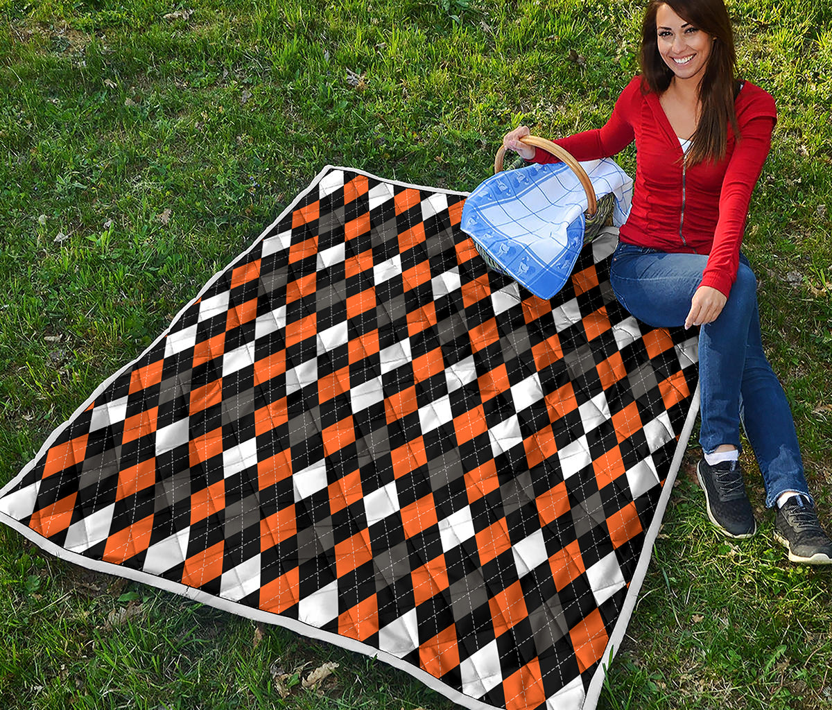 Orange Black Grey And White Argyle Print Quilt