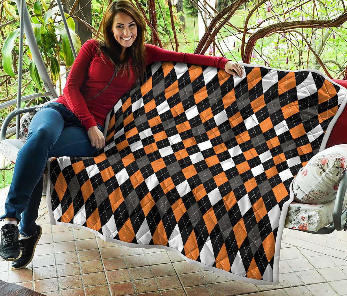 Orange Black Grey And White Argyle Print Quilt