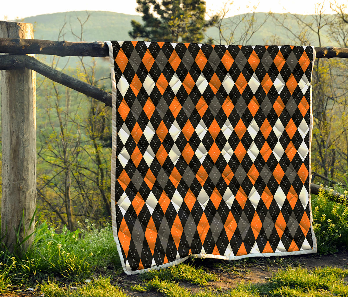 Orange Black Grey And White Argyle Print Quilt