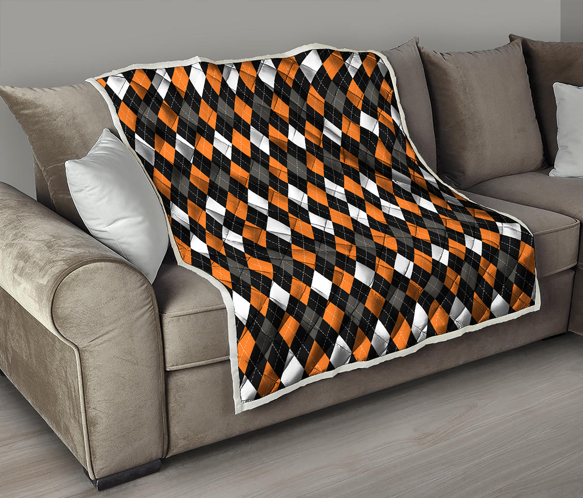 Orange Black Grey And White Argyle Print Quilt