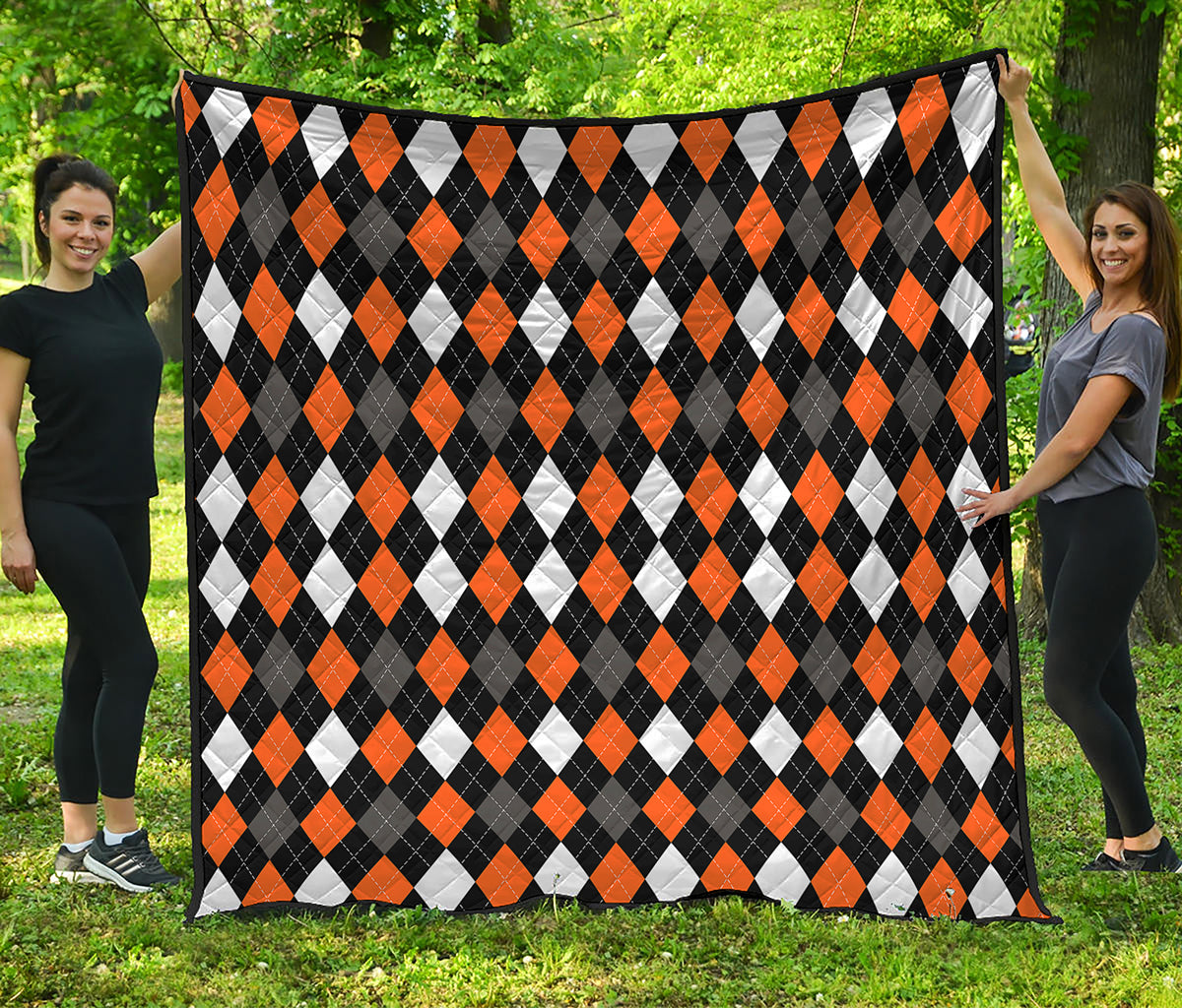 Orange Black Grey And White Argyle Print Quilt