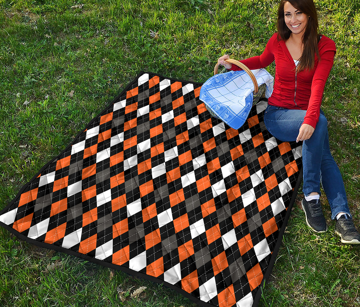 Orange Black Grey And White Argyle Print Quilt