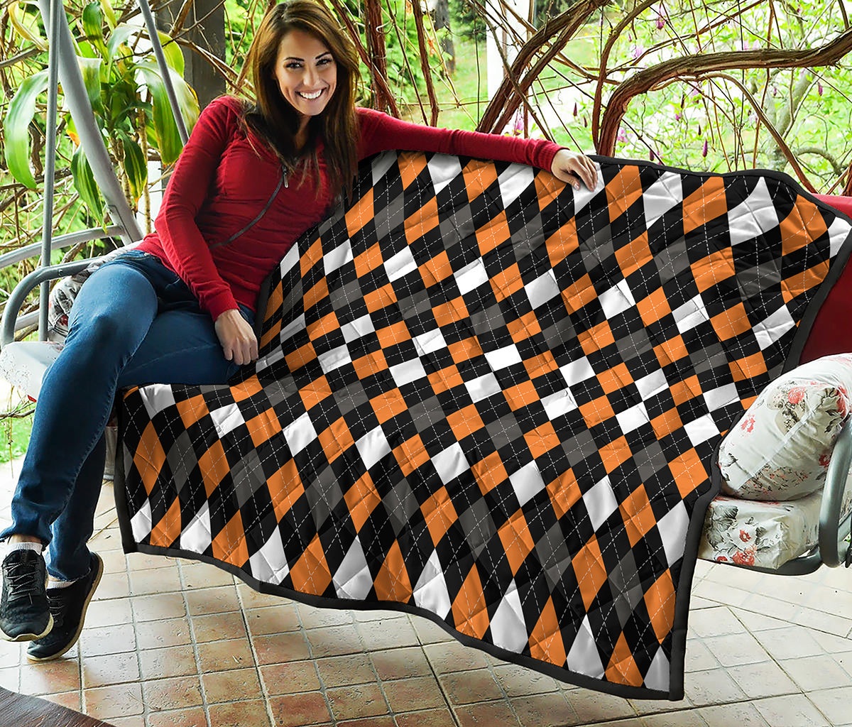 Orange Black Grey And White Argyle Print Quilt