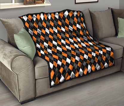 Orange Black Grey And White Argyle Print Quilt