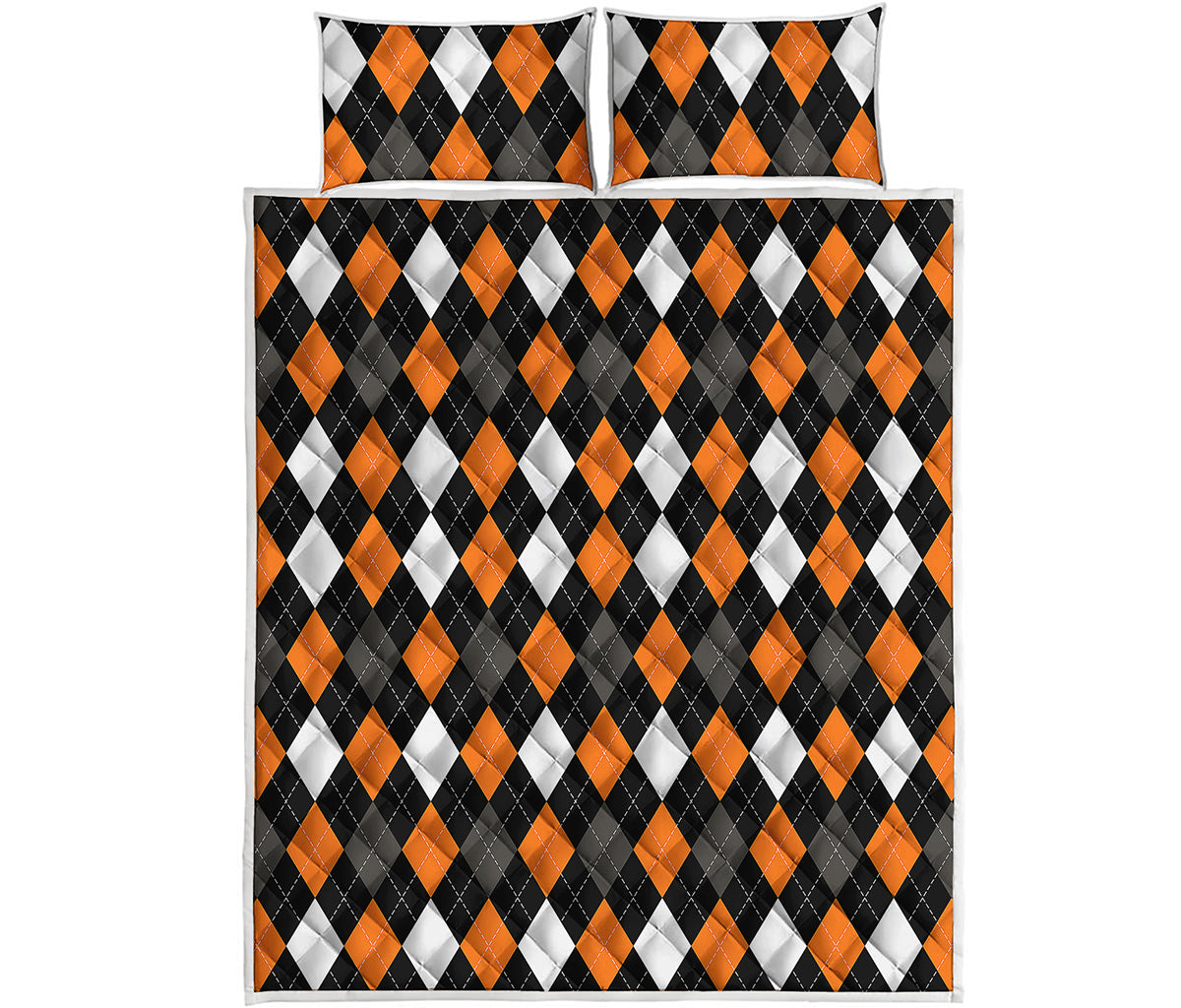 Orange Black Grey And White Argyle Print Quilt Bed Set