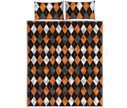 Orange Black Grey And White Argyle Print Quilt Bed Set