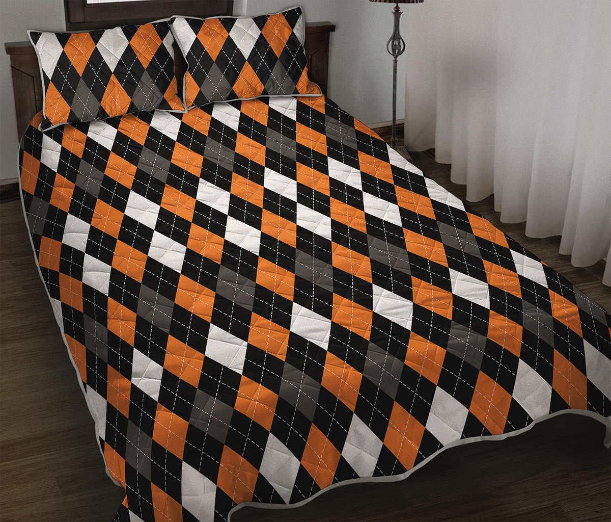 Orange Black Grey And White Argyle Print Quilt Bed Set